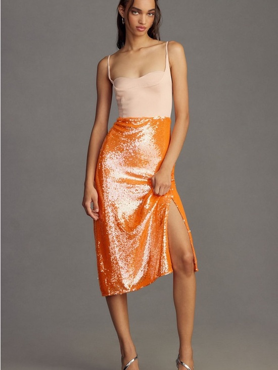 Anthropologie Dresses & Skirts - Anthropologie Orange Sequin Midi Skirt with Side Slit